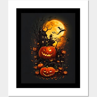 Haunted House And Pumpkins Posters and Art